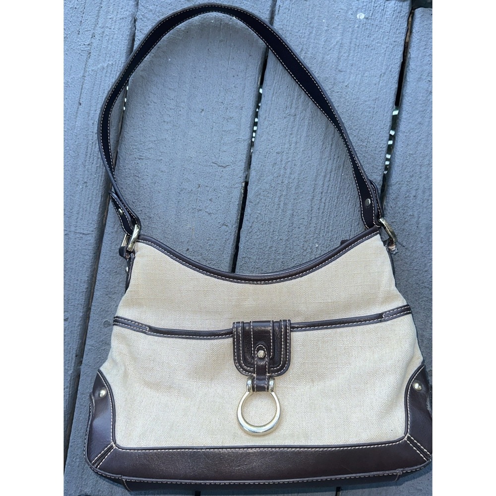 Etienne‎ Aigner Linen Purse Shoulder Bag Faux Leather Brown & Tan EUC